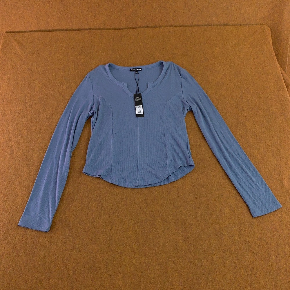 Fashion Nova Womens X-Large Blue Long Sleeve Stretch Here To Stay Ribbed Top NWT